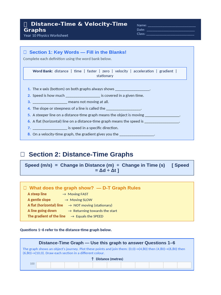 DTandVT Graphs Worksheet | PDF | Acceleration | Velocity