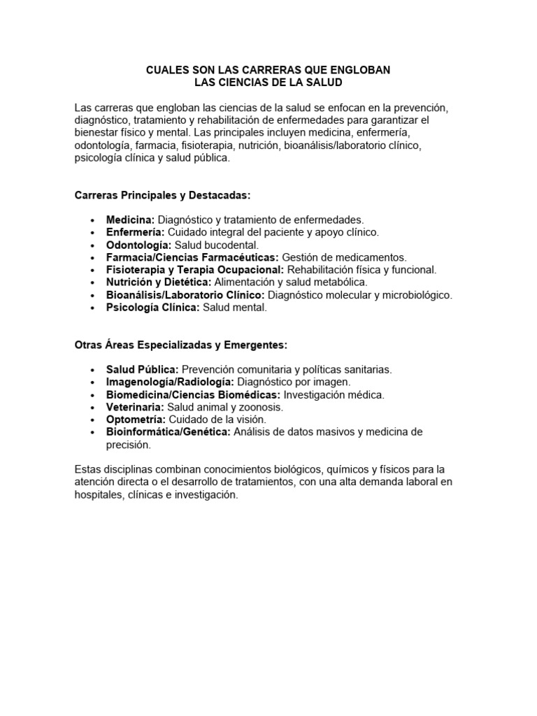 Cuales Son Las Carreras Que Engloban Las Ciencias de La Salud | PDF