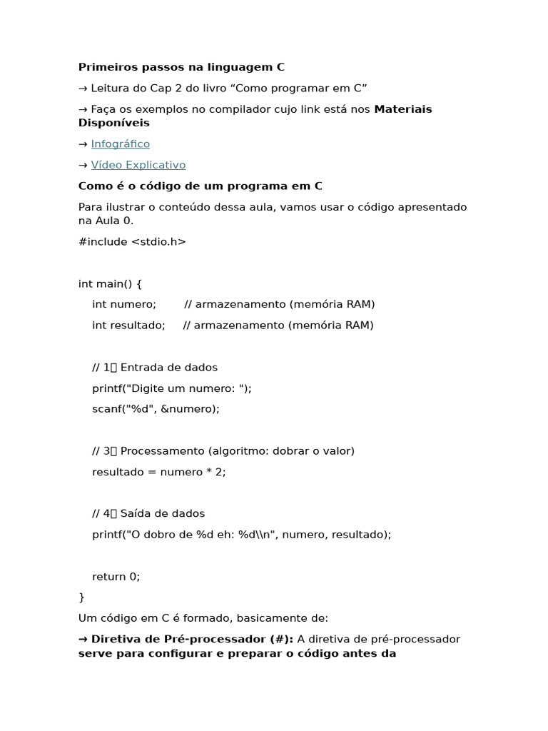 Primeiros Passos Na Linguagem C Aula 1 | PDF