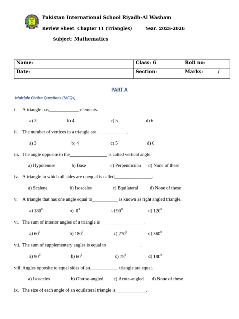 Work Sheet for Grade 6 (Chapter 11 ) | PDF | Triangle | Angle