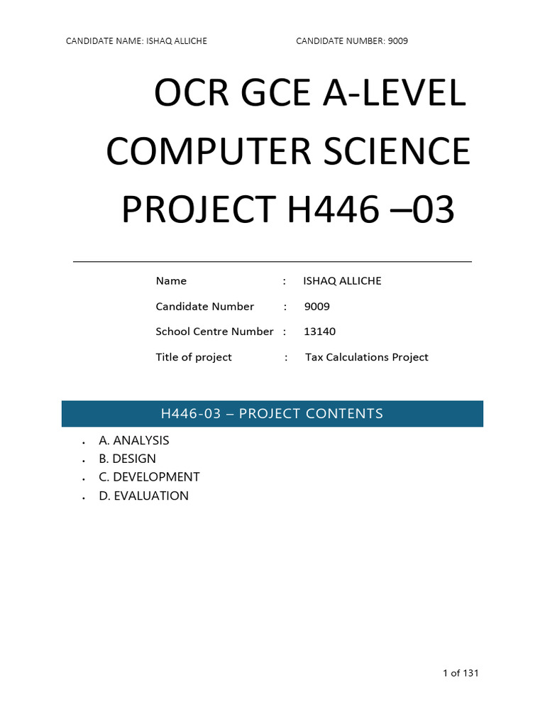 Ocr Gce a Levelcomputer Science Project h446-03 Latest | PDF | Taxes ...
