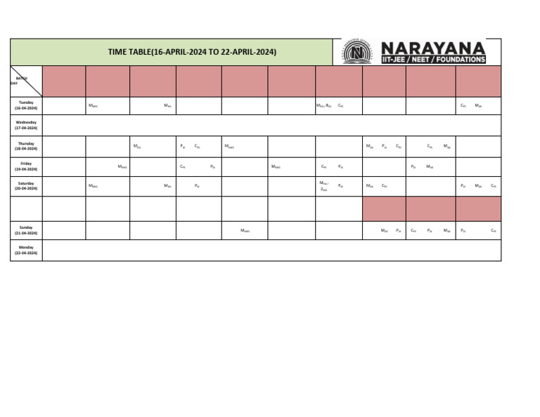 Time Table From 16 April to 22 April 2024-1 | PDF