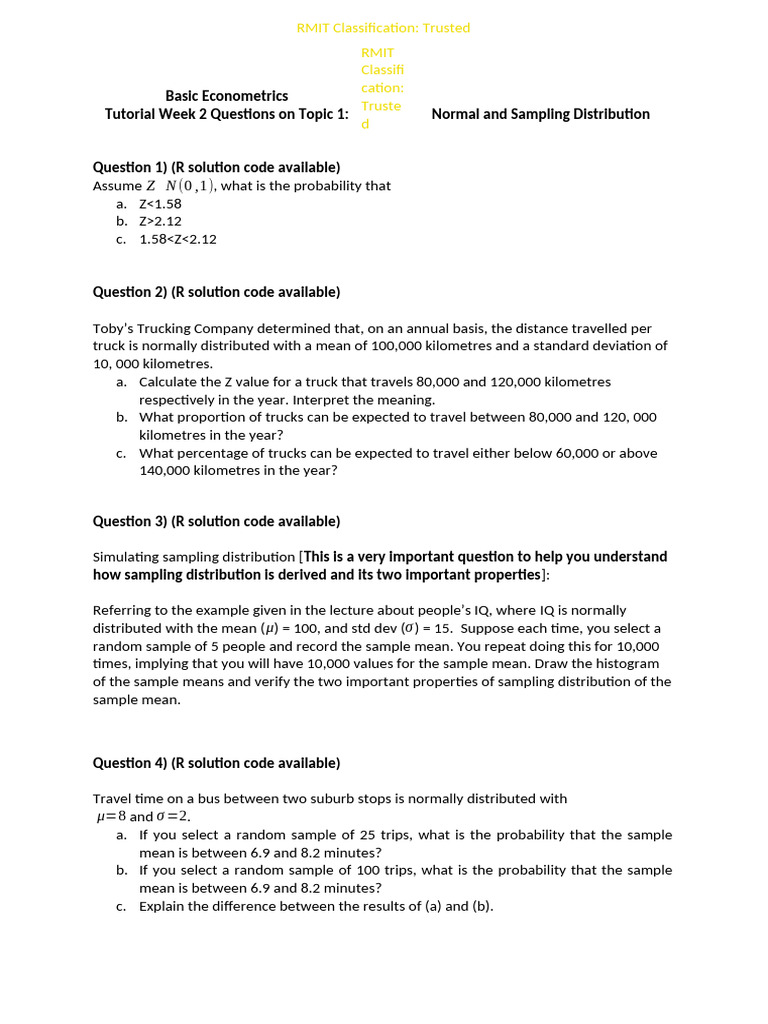 ECON1066 Tutorial Week 2 Questions | PDF | Probability And Statistics ...