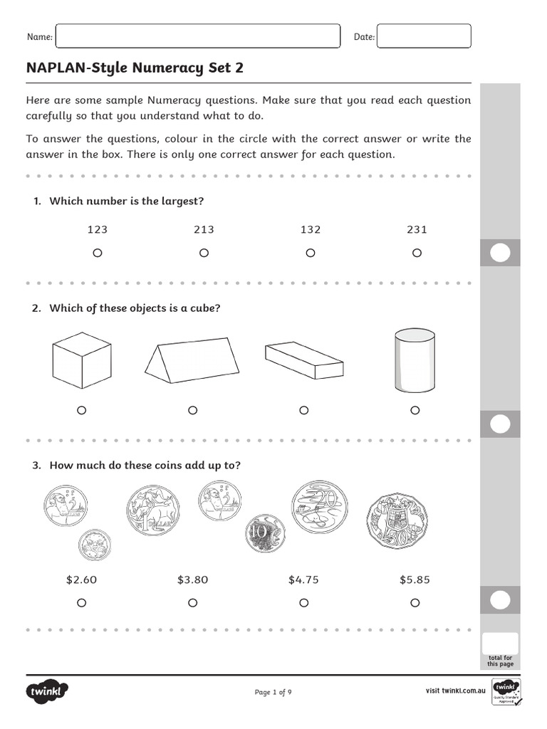 Naplan-Style Numeracy Year 3 Example Test Set 2 | PDF | Chess Theory ...
