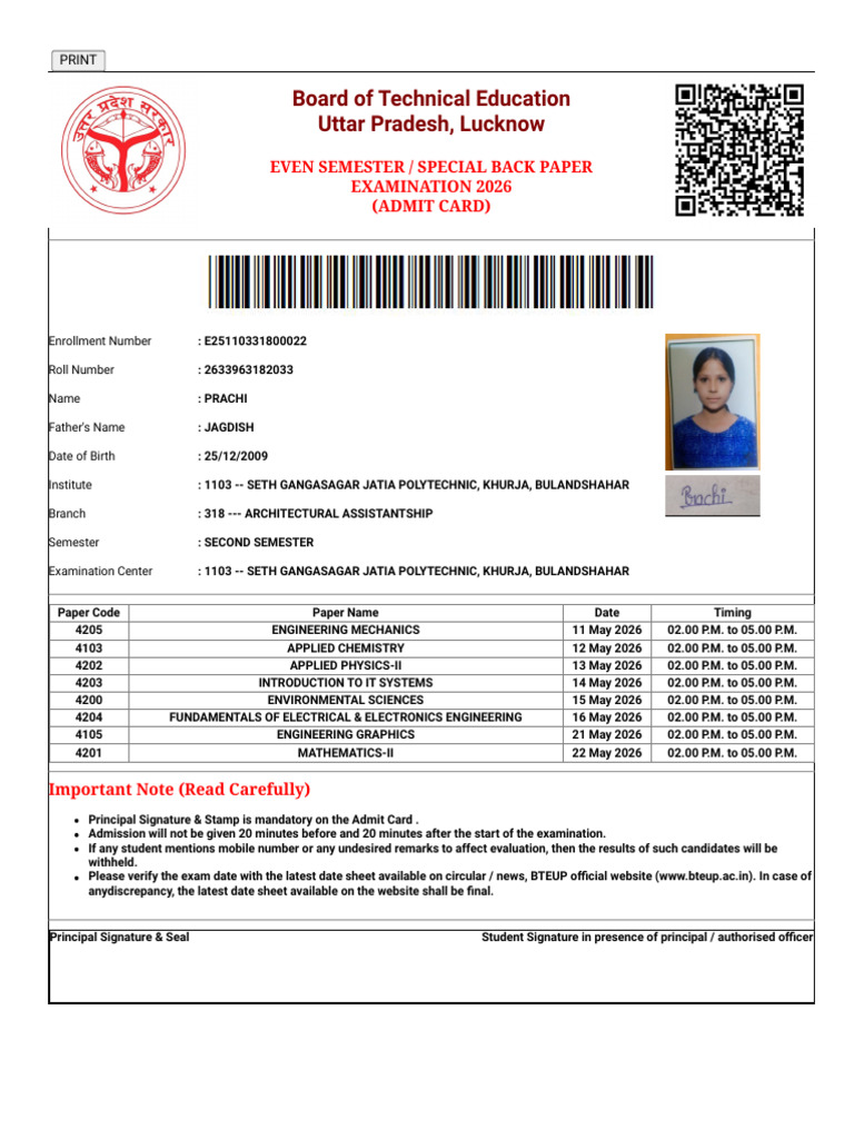 Bteup.ac.in ESeva Student AdmitCard.aspx EnrollNumber=E25110331800022 | PDF