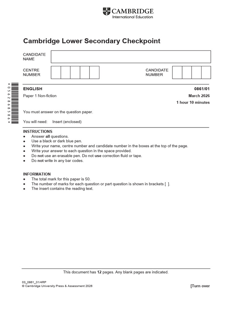 0861 English March 2026 Checkpoint Question Paper 1 (1) | PDF ...