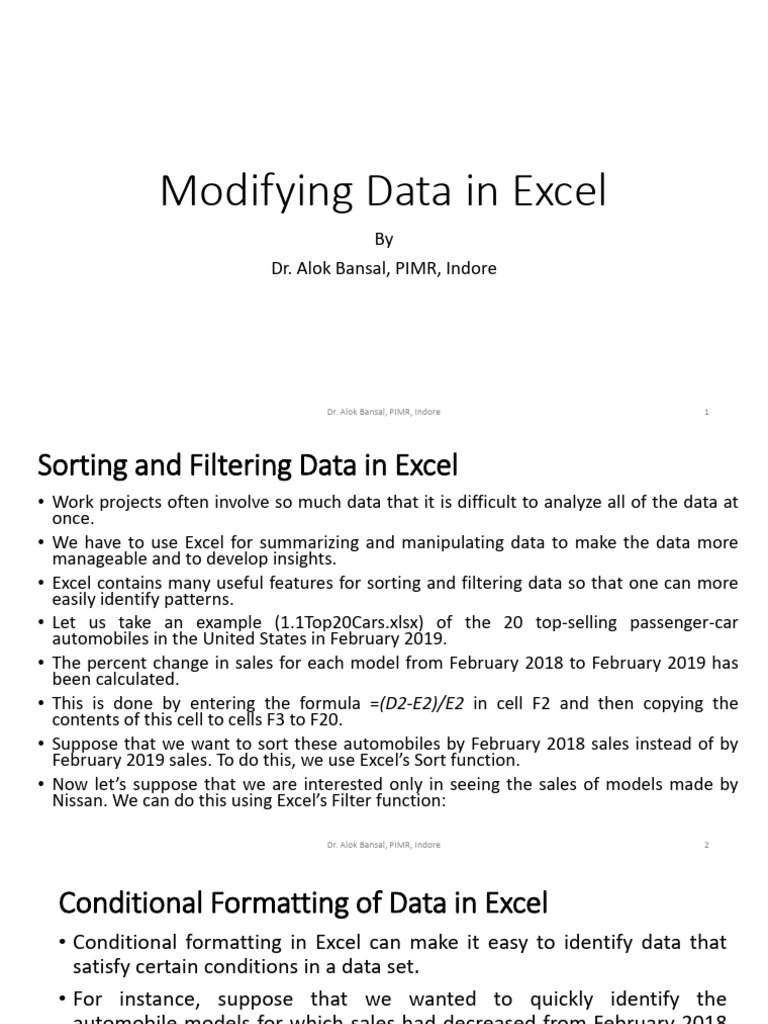 4.Modifying Data in Excel Sorting Filtering Conditional Formatting | PDF