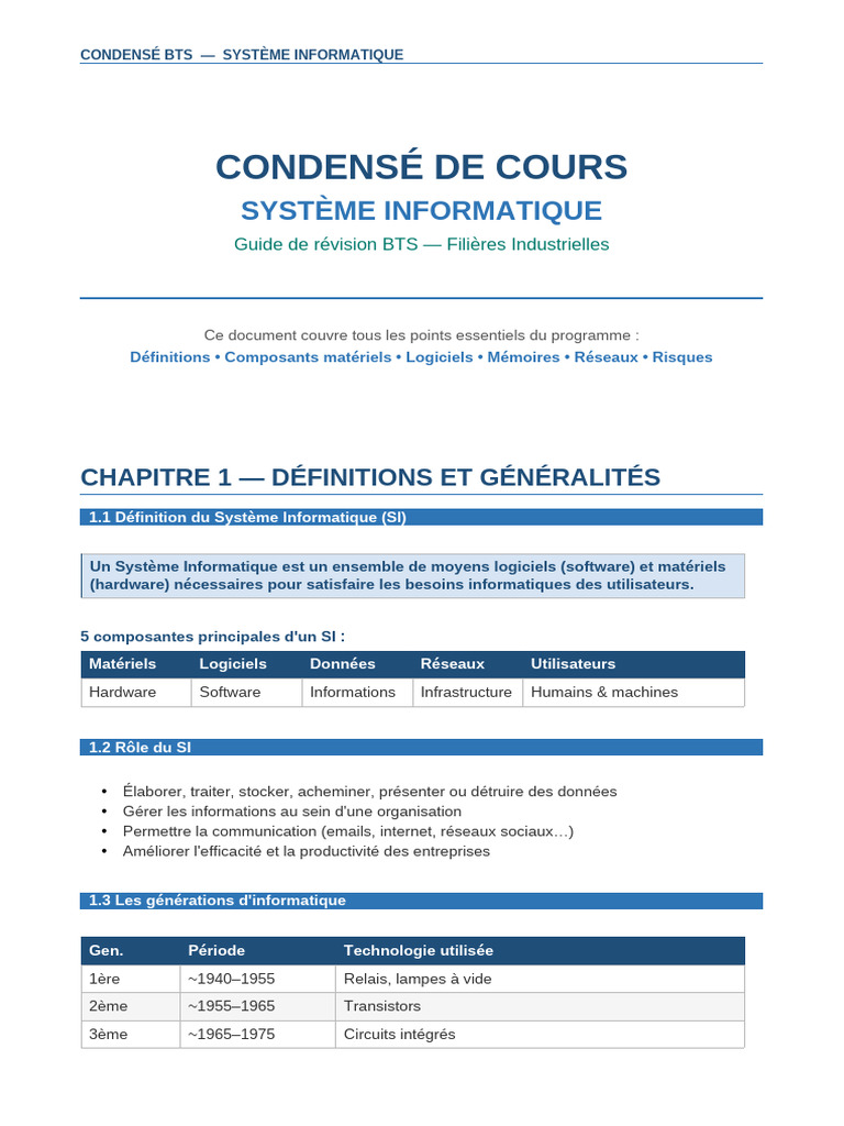 Condensé Système Informatique BTS | PDF | Mémoire (informatique ...