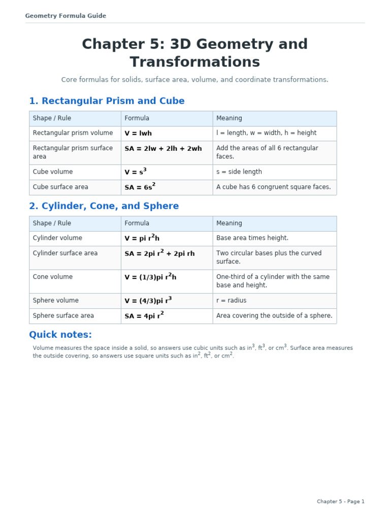 Geometry Formulas Chapter 5 3D Geometry and Transformations | PDF ...