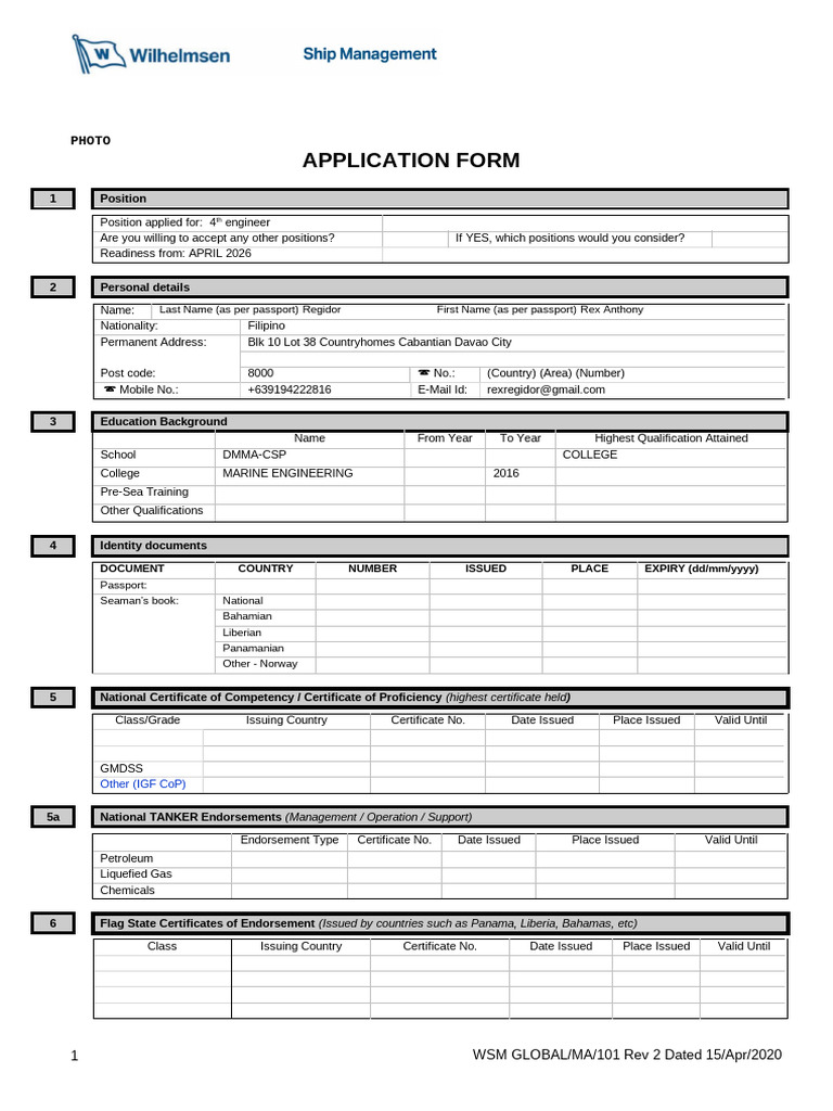 WSM GLOBAL- MA-101 Application Form | PDF | Shipping | Water Transport