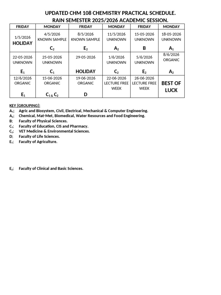 Updated CHM 108 Chemistry Practical Schedule | PDF
