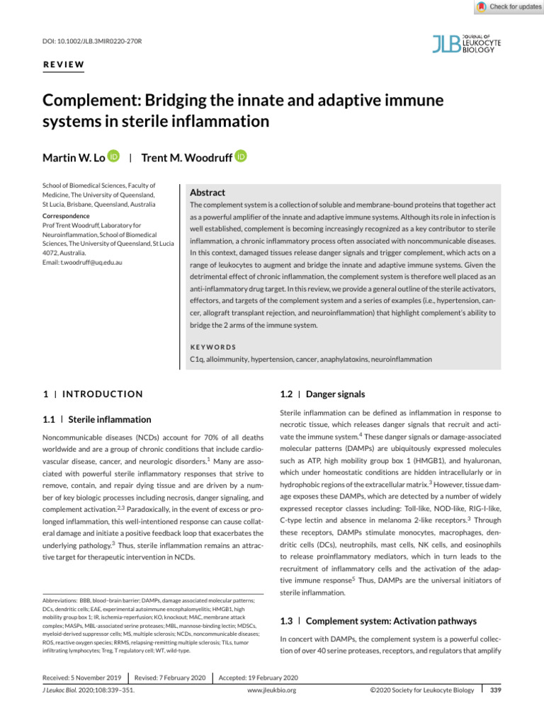 Complement Bridging the Innate and Adaptive Immune Systems in Sterile ...