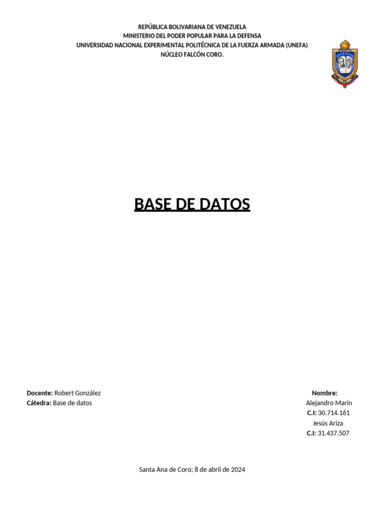 Informe de Base de Datoss | PDF | SQL | Bases de datos