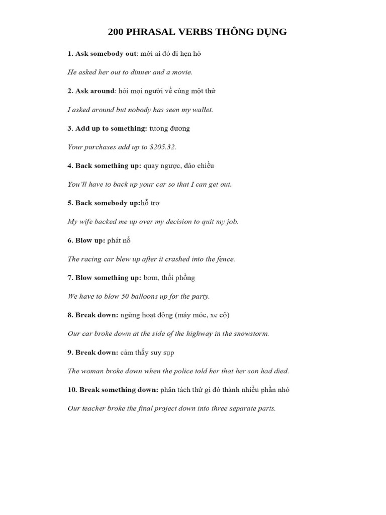 200 Phrasal Verbs Thông Dụng | PDF