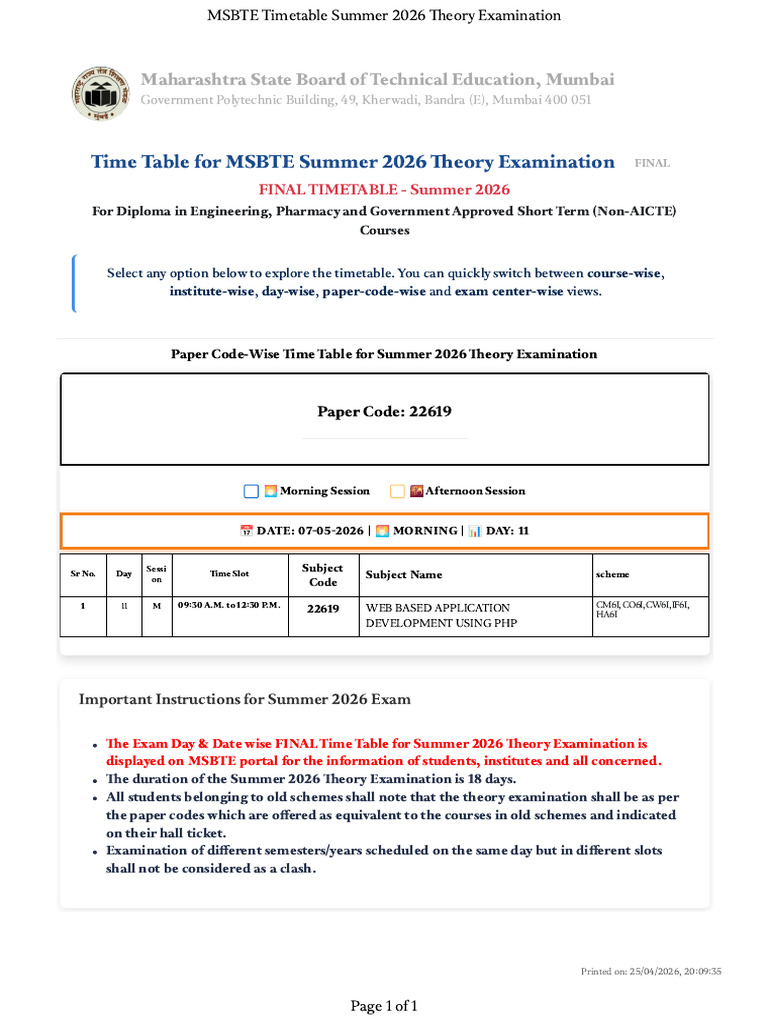 Paper Code Timetable - 22619 | PDF