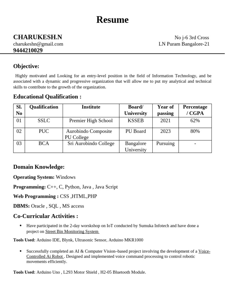 Resume Charukesh (1) | PDF | Databases | Arduino