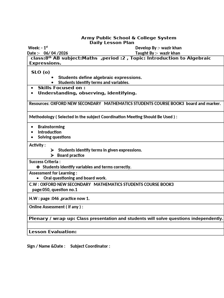 1st Week Lesson Planner Class 8th | PDF | Mathematics | Lesson Plan