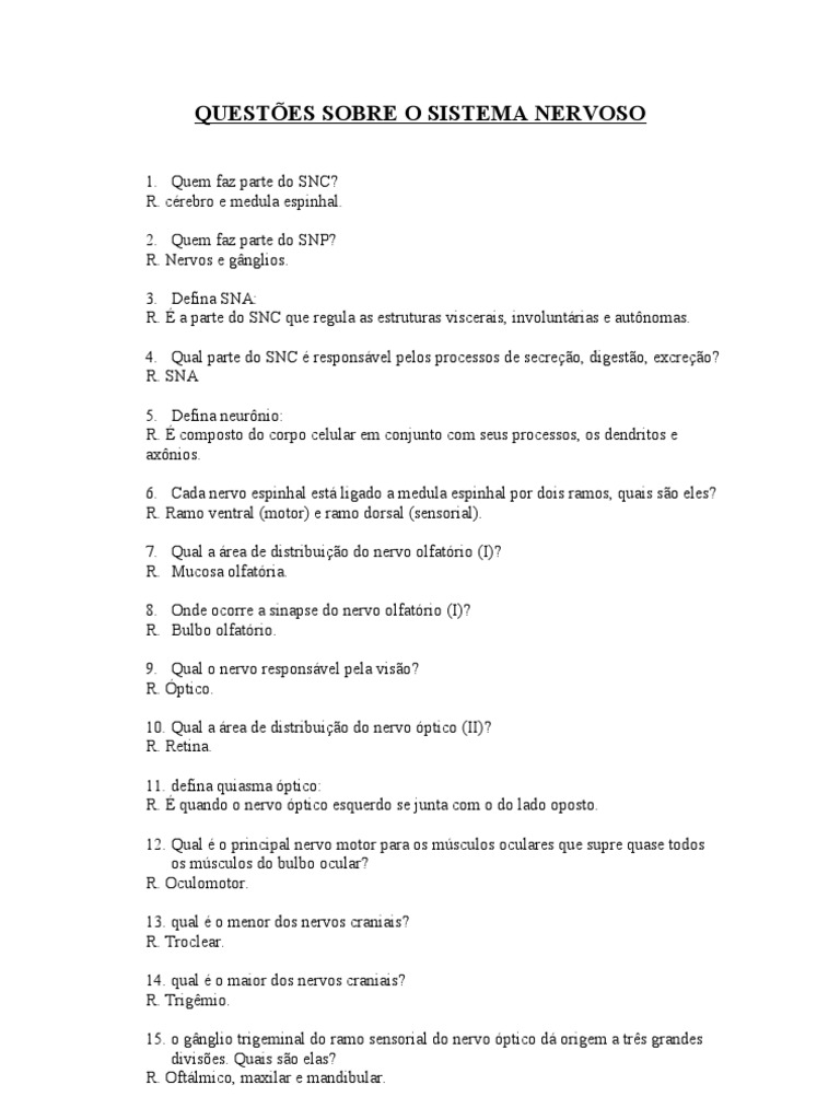 50 Perguntas e Respostas Sobre Sistema Nervoso | PDF | Sistema nervoso ...