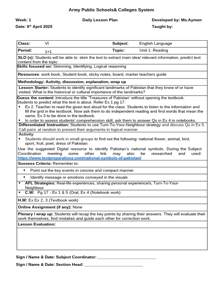 LP week 1 | PDF | Reading Comprehension | Lesson Plan