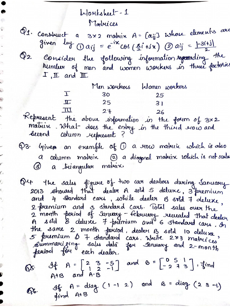 Worksheet 1 Matrices XII 2026 | PDF