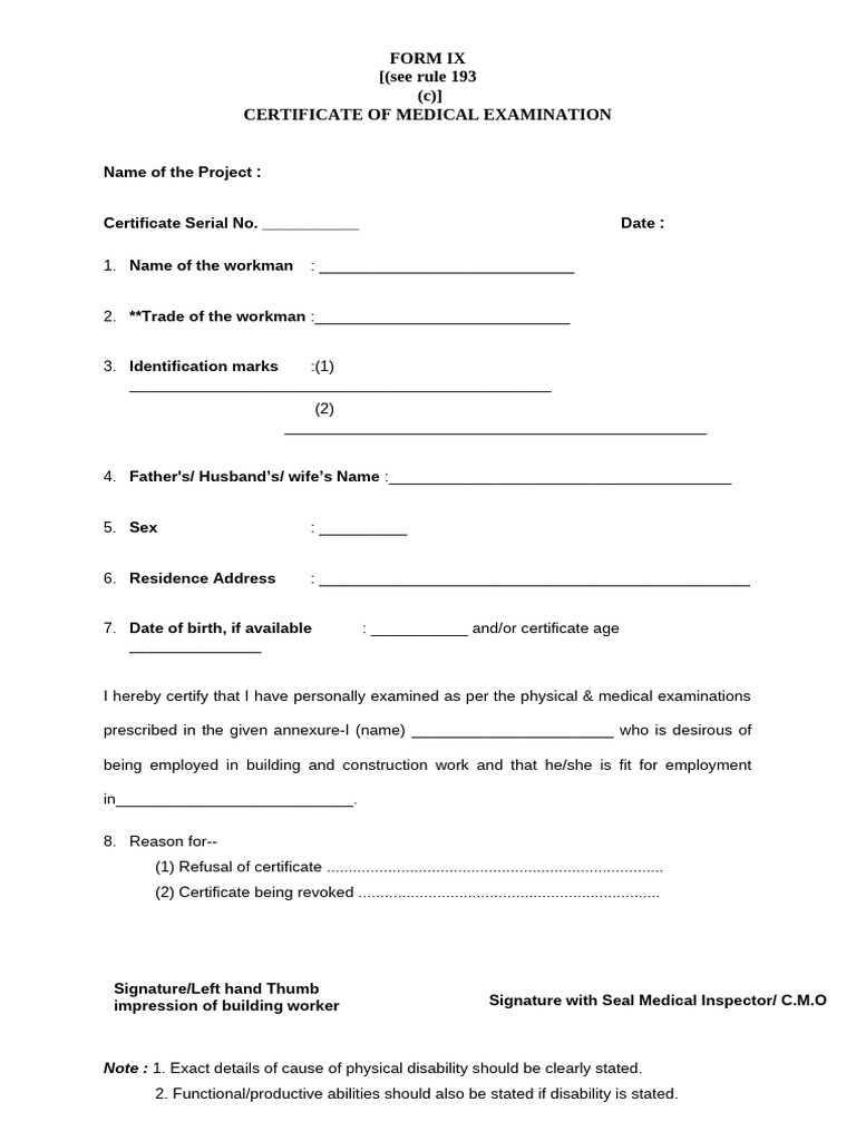 FORM IX Certificate of Medical Excamianation | PDF | Physical ...