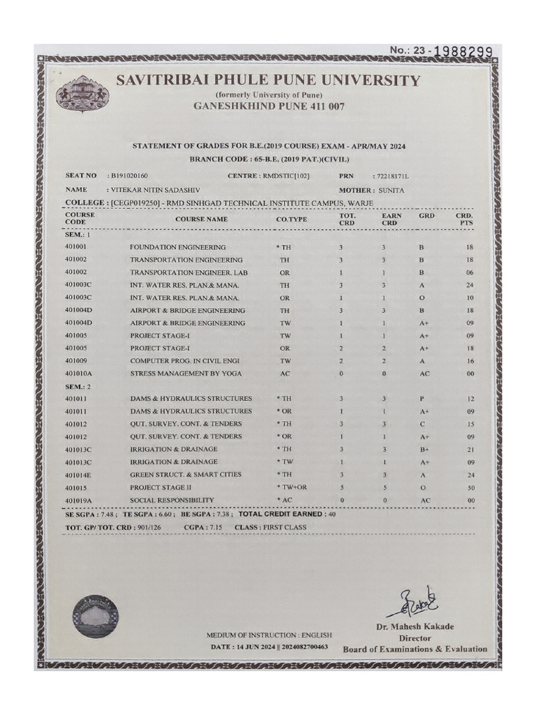 Final Year Marksheet Engg | PDF