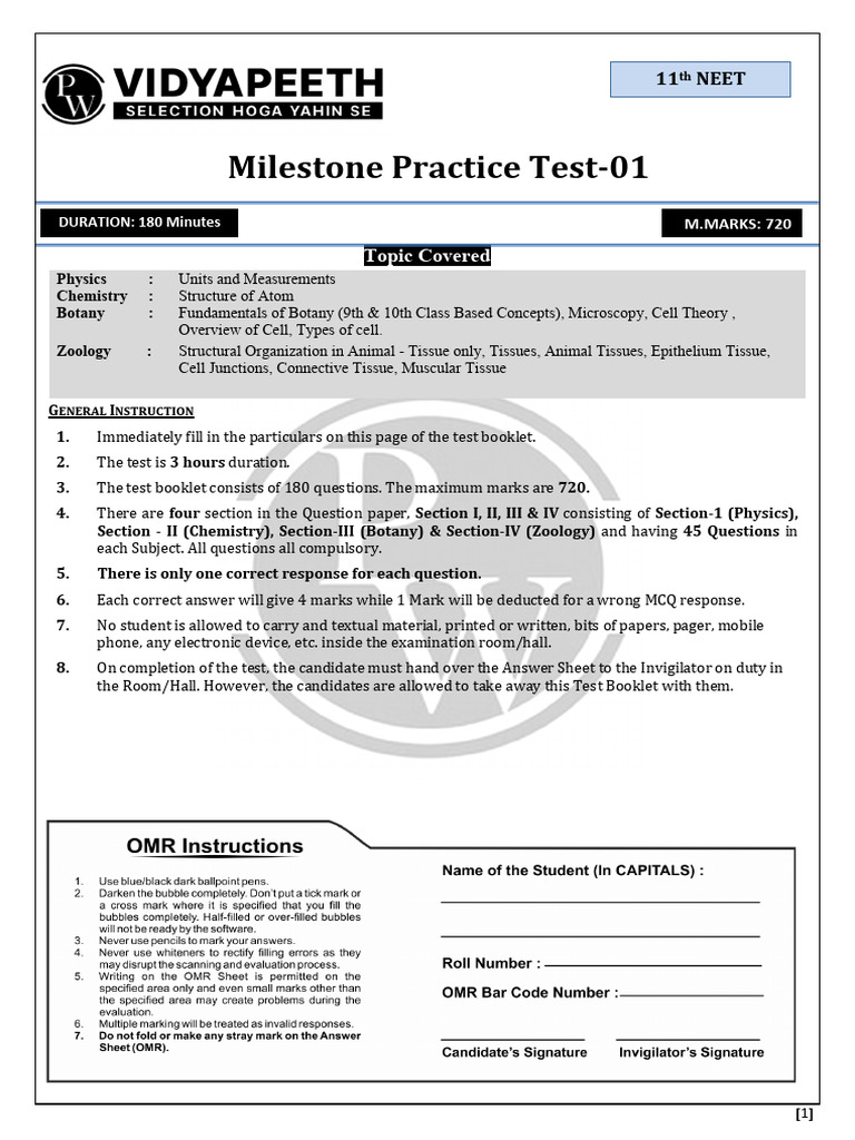 Milestone Practice Test - 01_11th NEET | PDF | Atomic Orbital | Electron