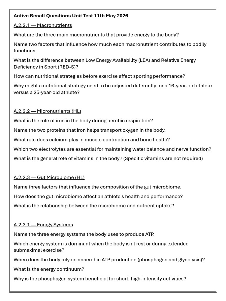 Active Recall Questions Unit Test 11th May 2026 | PDF | Nutrients | Biology