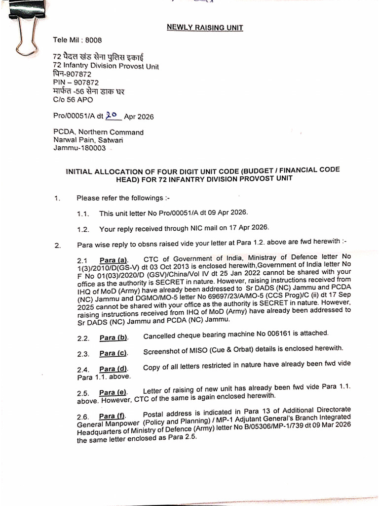 Initial Allocation of Four Digit Unit Code 20 Apr 2026 | PDF
