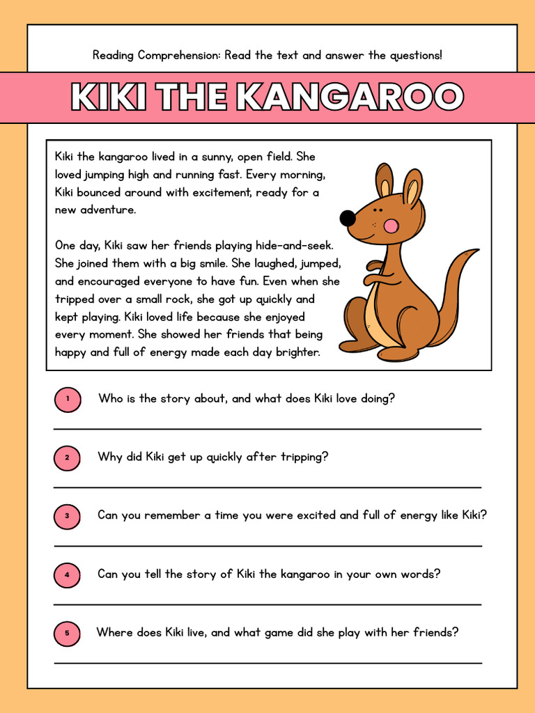 Enthusiastic Kangaroo Reading Comprehension ELA Worksheet in Colorful ...