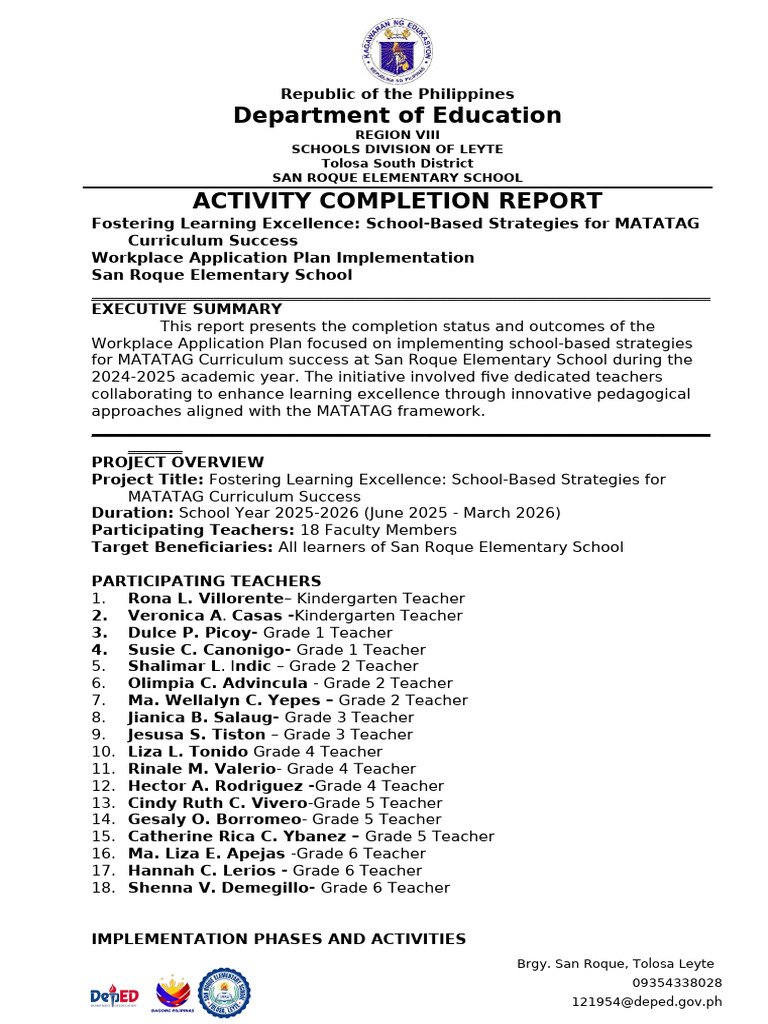 Activity Completion Report Wap Implementation | PDF | Educational ...