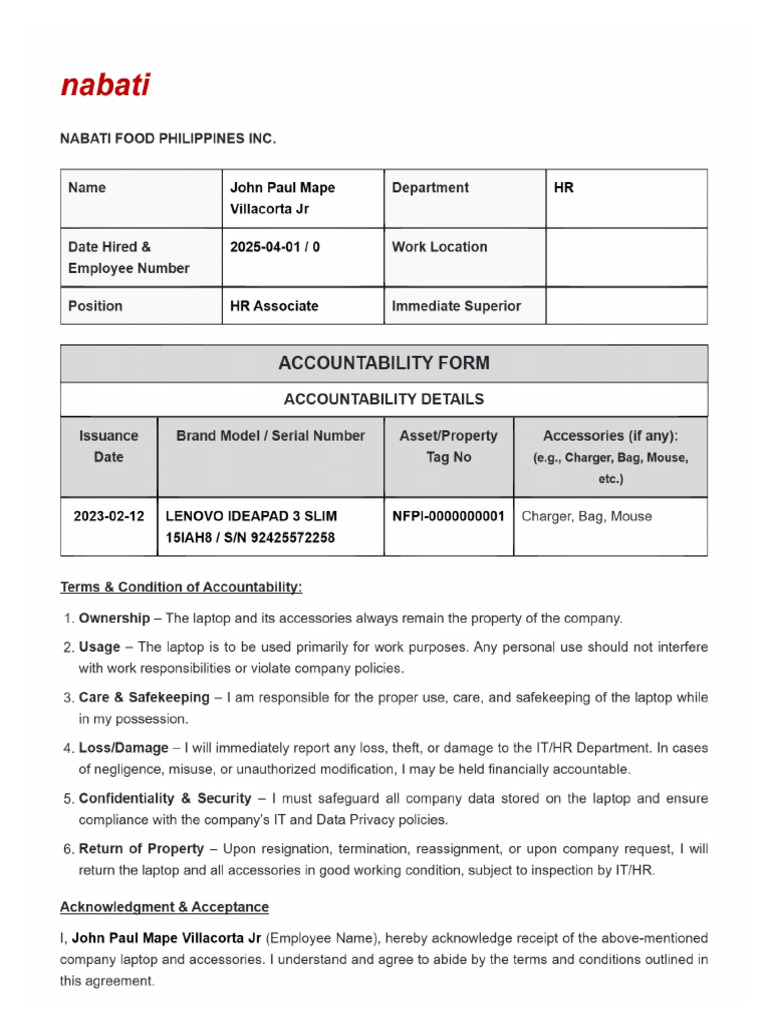 Accountability Form John Paul Mape Villacorta Jr | PDF