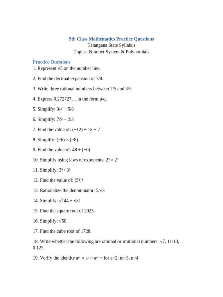 9th Class Maths Practice Questions | PDF