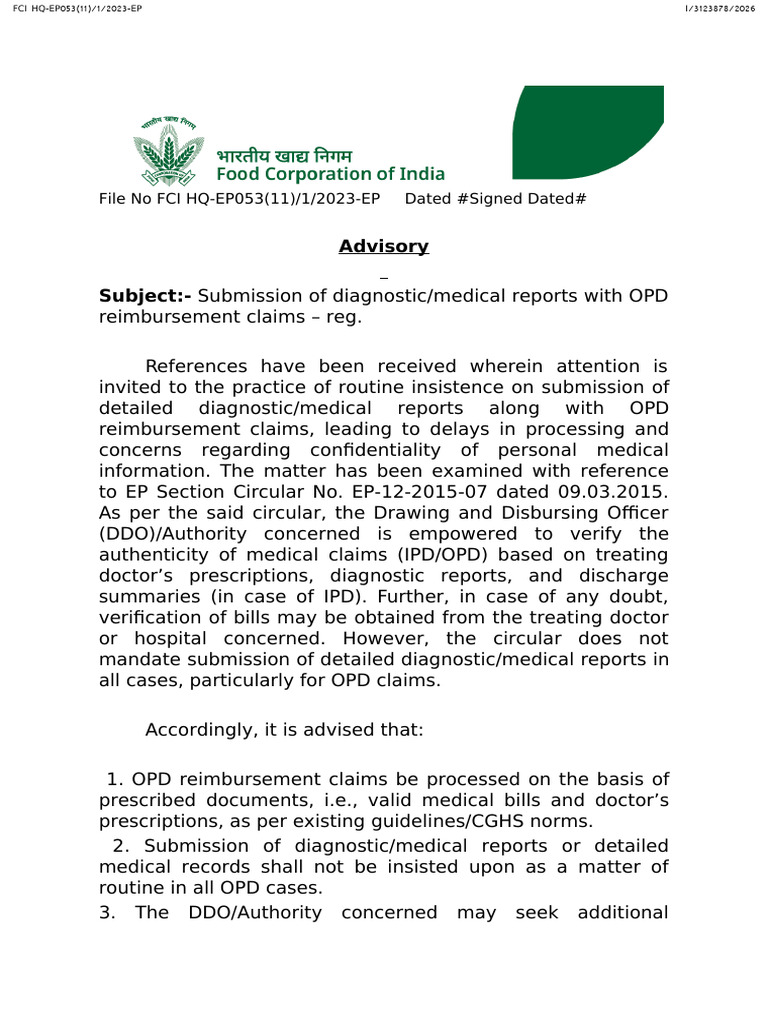 Advisory - Submission of Diagnostic Report - OPD | PDF | Health Care