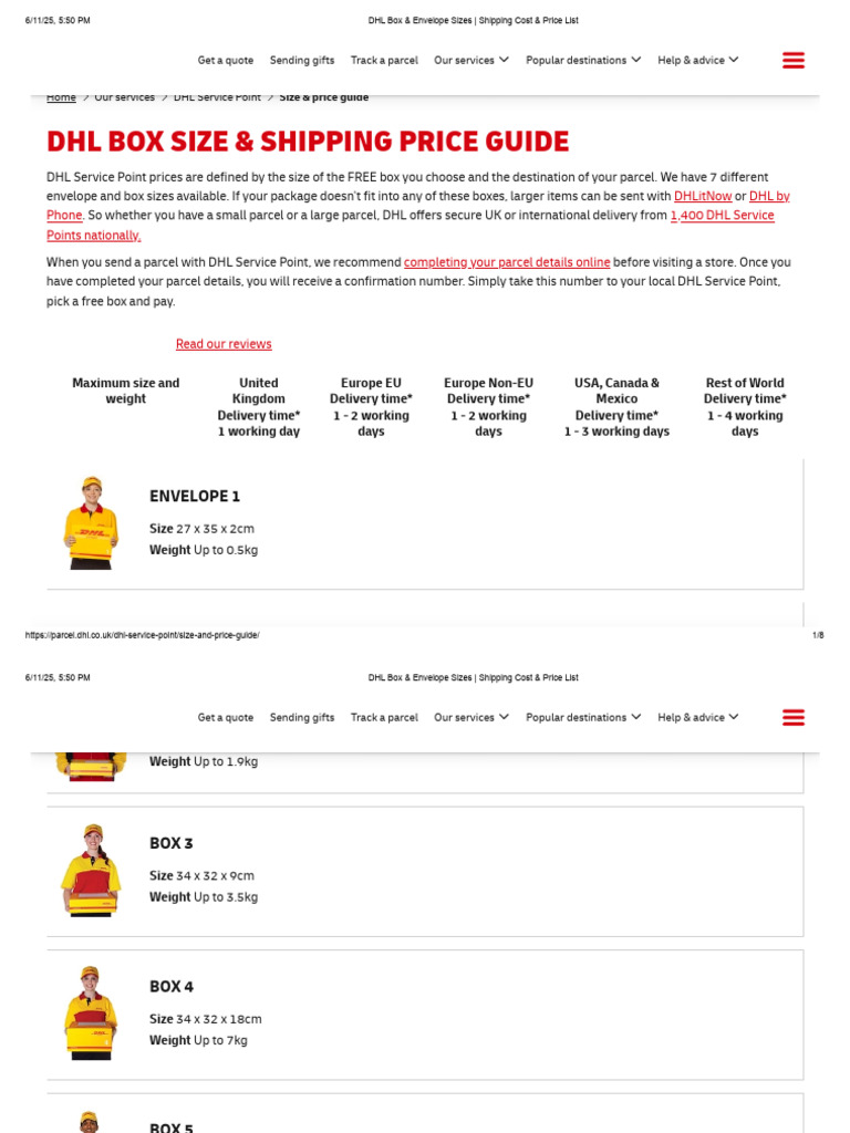 DHL Box & Envelope Sizes _ Shipping Cost & Price List | PDF | Courier