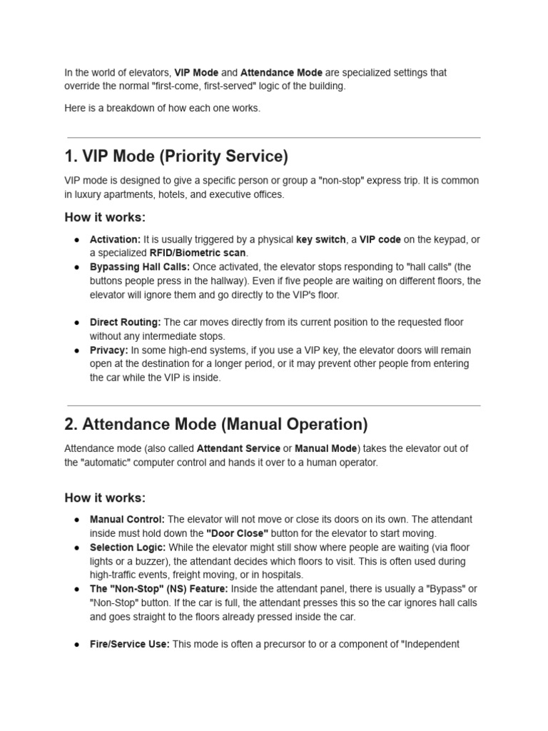 Elevator Vip Mode and Attendance Mode How Work | PDF | Elevator | Transport