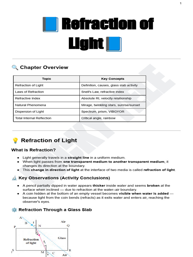 STUDY NOTES-Refraction of Light | PDF | Refraction | Refractive Index