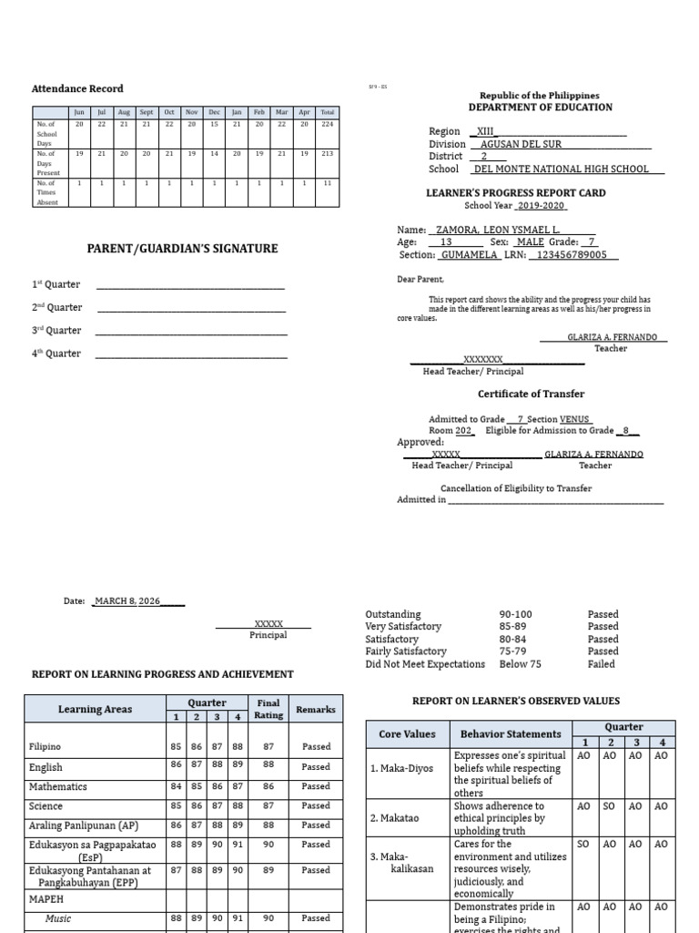 1013008385 SF9 Learners Progress Report Card Template for ES | PDF ...