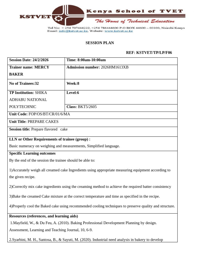 Sample Hospitality Practical Session Plan April 2026 DK | PDF | Cakes ...