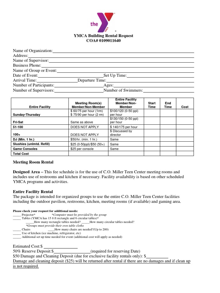 YMCA Rental Agreement PDF Ymca Fee