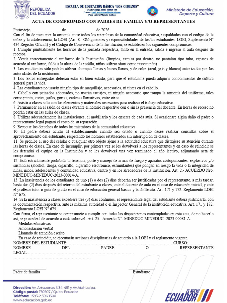 Acta de Compromiso Con Padres de Familia y Estudiantes 2026 | PDF