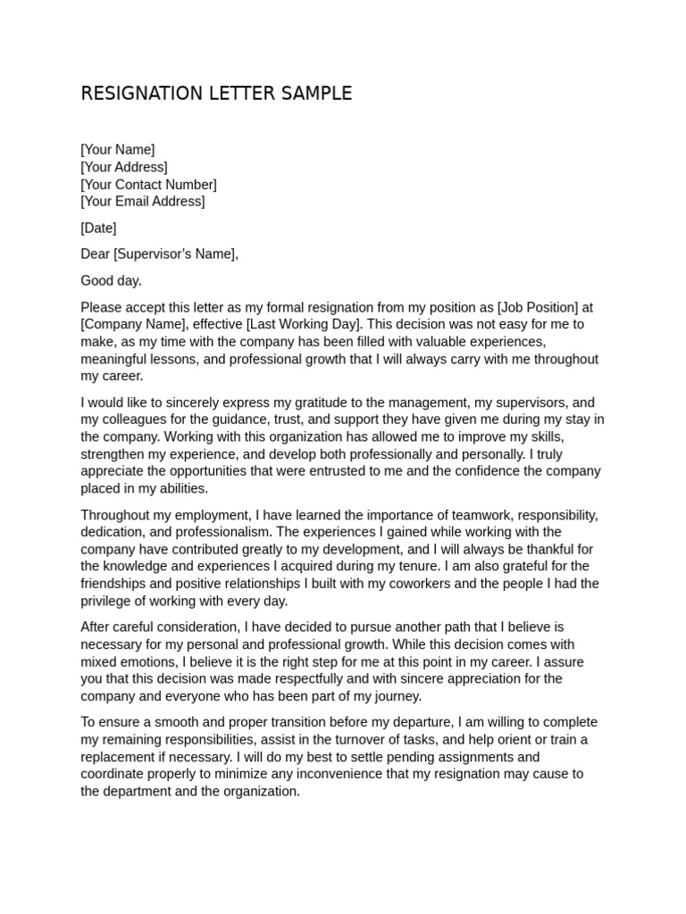 RESIGNATION LETTER SAMPLE | PDF | Business | Psychology