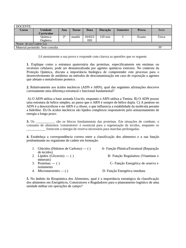 EXAME QCQ ORGCA | PDF | Proteínas | DNA