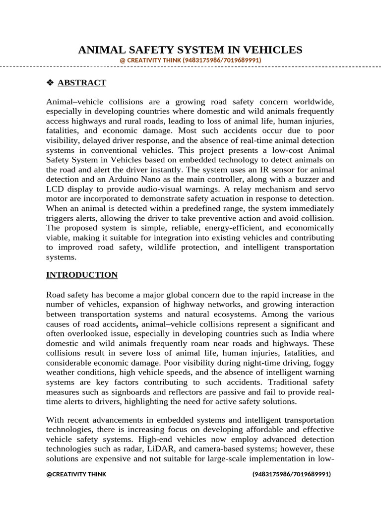 Animal Safety System in Vehicles - Copy | PDF | Traffic Collision | Road