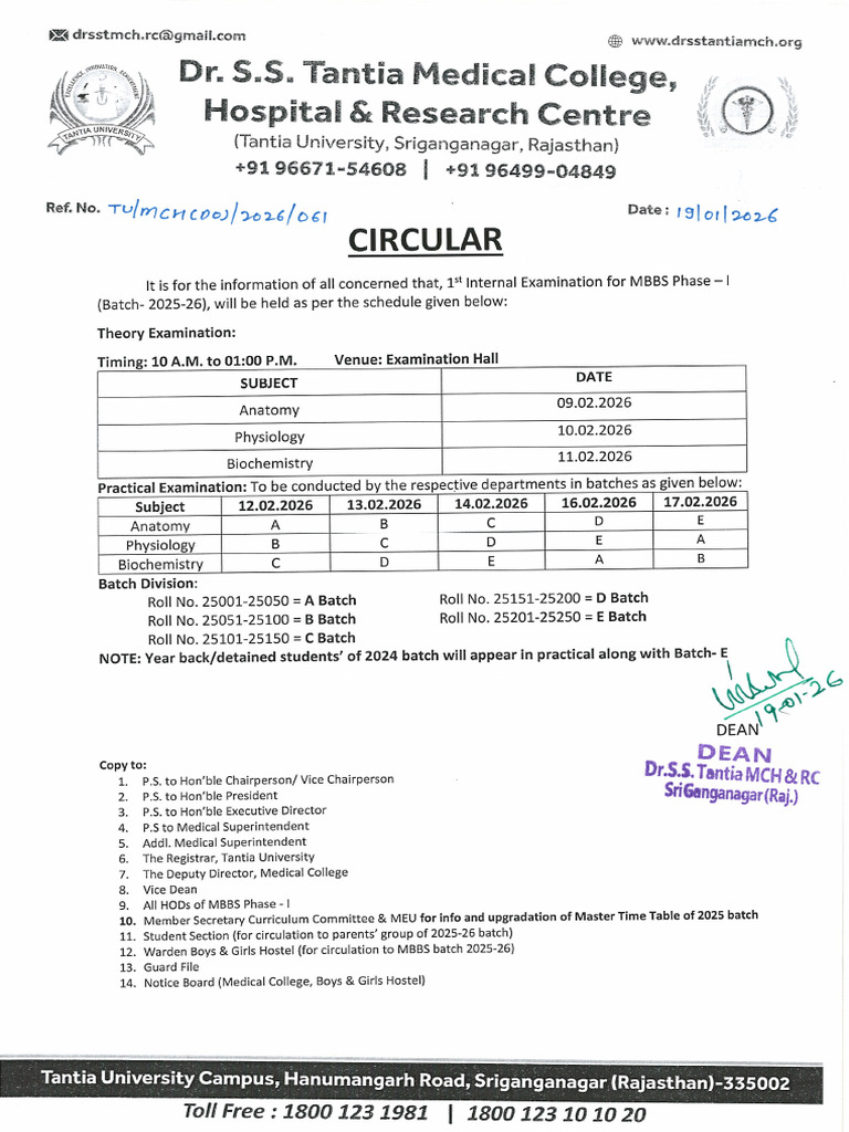 Circular for 1st Internal Exam. MBBS Phase-1 Batch 2025-26 | PDF