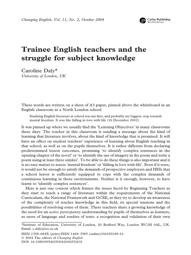 trainee english teachers and the struggle for subject knowledge Daly ...