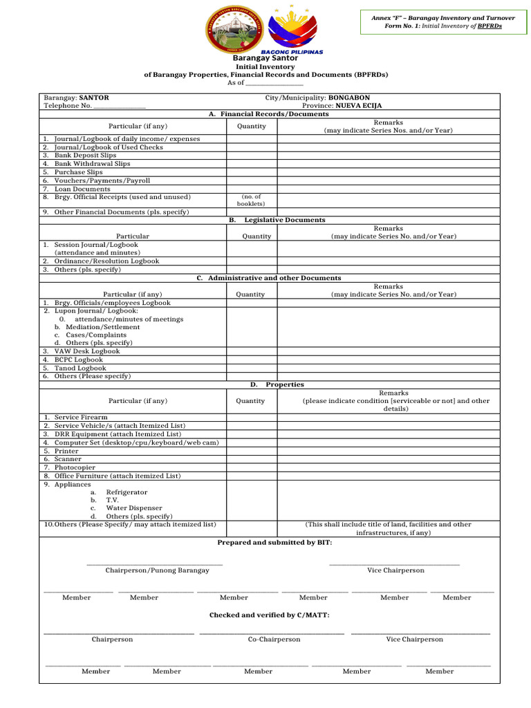 BSKE 2026_Annex F - Initial Inventory Form No. 1 (1) | PDF | Chess Theory