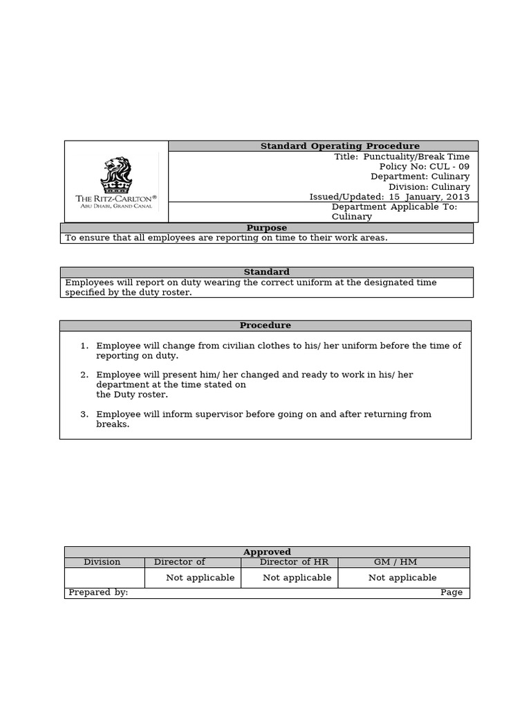 SOP 9 Punctuality & Breaktime | PDF