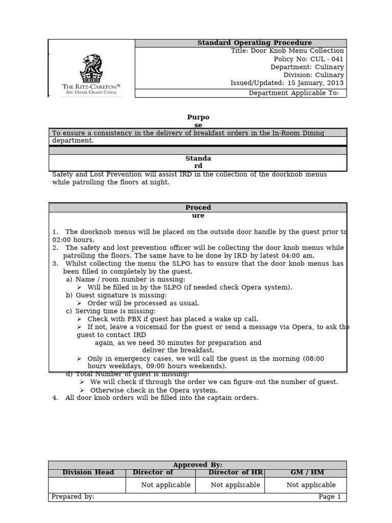 SOP 41 Door Knob Menu Collection | PDF | Menu
