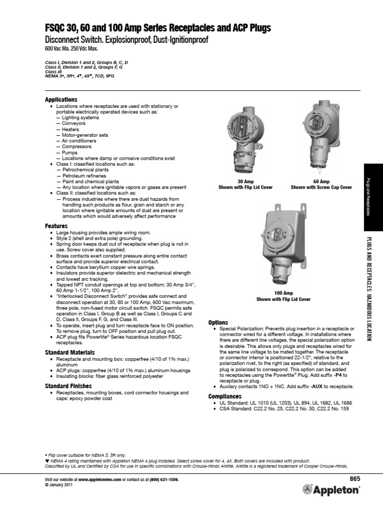 AEC MC007 FSQC 30 60 and 100 Amp Series Receptacles 01-11 | PDF ...